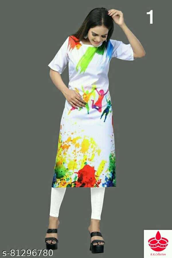 Holi Special Kurti Fabric: CrepeSleeve Length: Three-Quarter SleevesPattern: PrintedCombo of: SingleSizes:L (Bust Size: 38 in) XL (Bust Size: 40 in) XXL (Bust Size: 42 in) Free Size (Bust Size: 42 in) Country of Origin: India