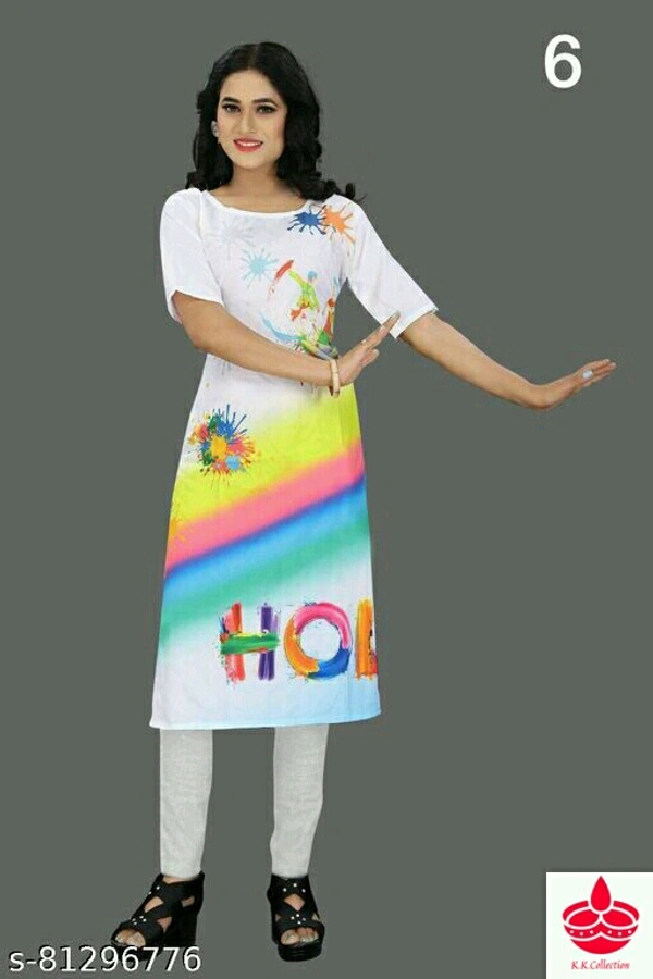 Holi Special Kurti Fabric: CrepeSleeve Length: Three-Quarter SleevesPattern: PrintedCombo of: SingleSizes:L (Bust Size: 38 in) XL (Bust Size: 40 in) XXL (Bust Size: 42 in) Free Size (Bust Size: 42 in) Country of Origin: India
