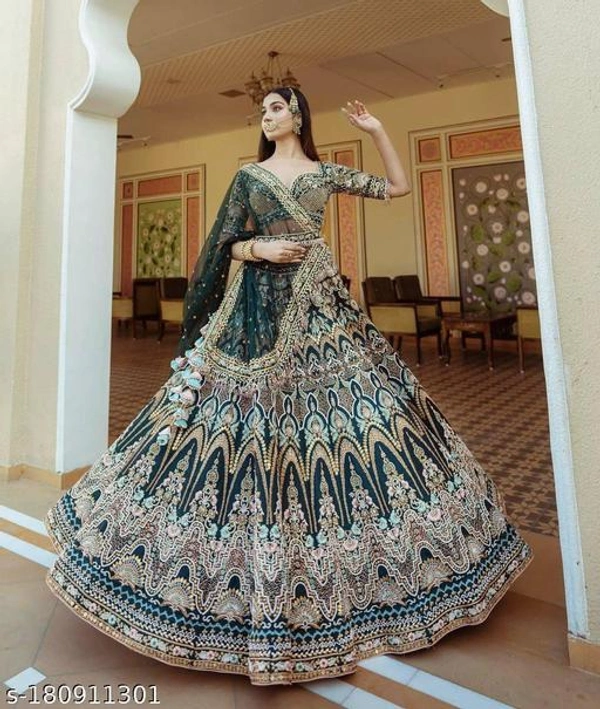 Green Colour Embroidery Attractive Party Wear Silk Lehenga  - Free Size