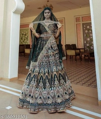 Green Colour Embroidery Attractive Party Wear Silk Lehenga  - Free Size
