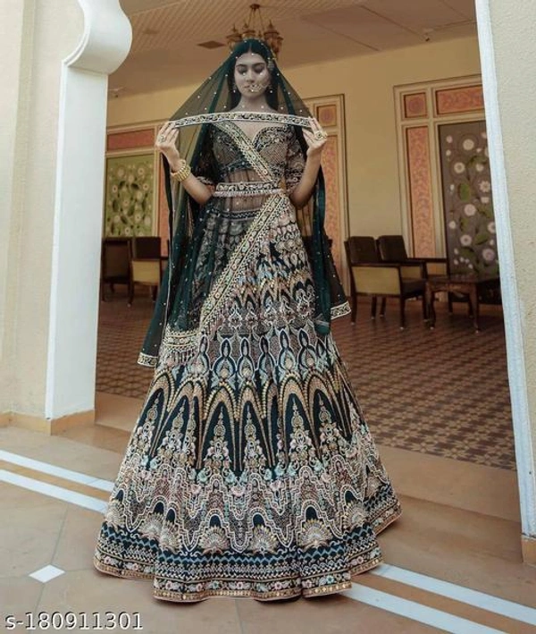 Green Colour Embroidery Attractive Party Wear Silk Lehenga  - Free Size
