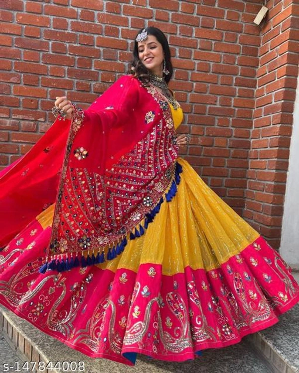 Exclusive Lehenga Yellow And Red Design  - Semi-Stitched