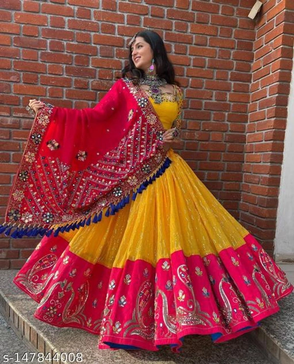 Exclusive Lehenga Yellow And Red Design  - Semi-Stitched