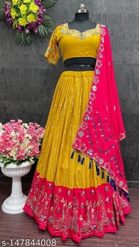 Exclusive Lehenga Yellow And Red Design  - Semi-Stitched