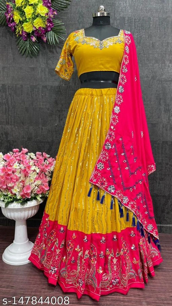 Exclusive Lehenga Yellow And Red Design  - Semi-Stitched