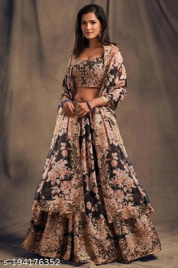 Black Orange Lehenga With Floral Metals  - Free-Size