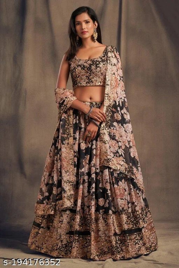 Black Orange Lehenga With Floral Metals  - Free-Size