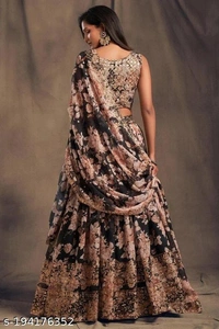 Black Orange Lehenga With Floral Metals  - Free-Size