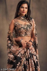 Black Orange Lehenga With Floral Metals  - Free-Size