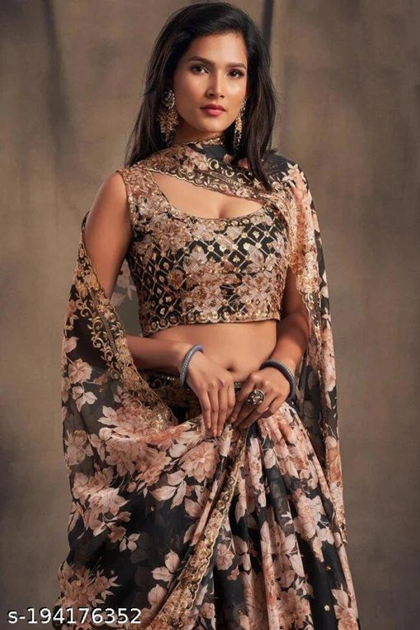 Black Orange Lehenga With Floral Metals  - Free-Size