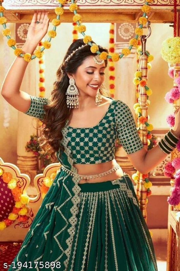 Green Heavy Lifted Lehenga - Semi-Stitched