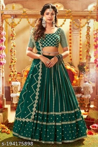 Green Heavy Lifted Lehenga - Semi-Stitched