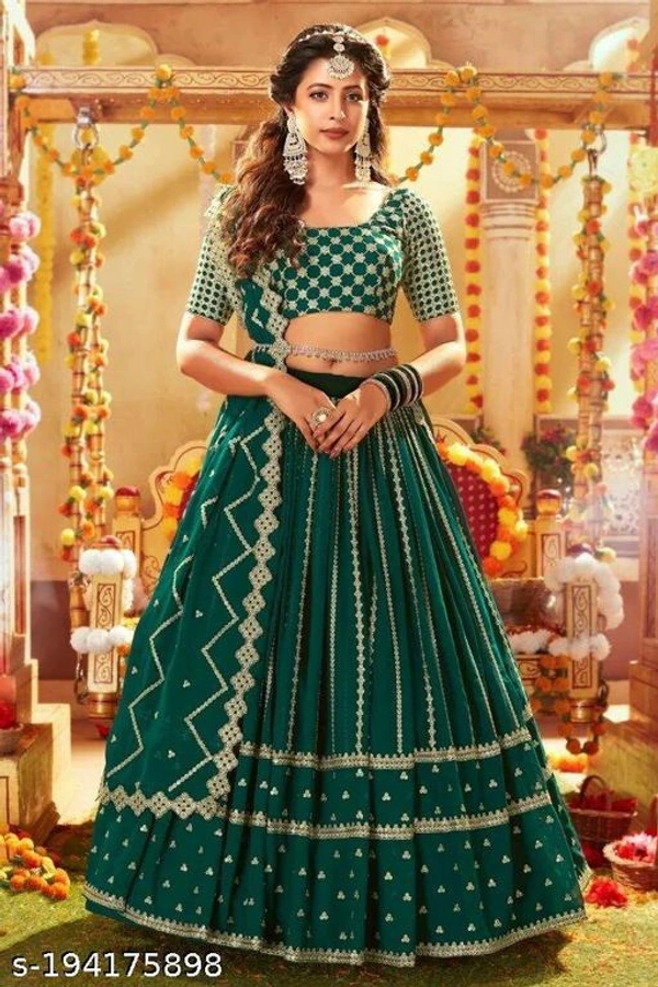 Green Heavy Lifted Lehenga - Semi-Stitched