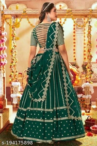 Green Heavy Lifted Lehenga - Semi-Stitched