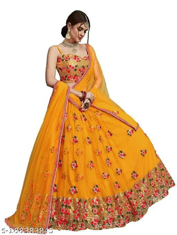 Embroidered Semi Stitched Yellow Lehenga  - Semi Stitched