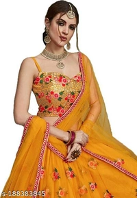 Embroidered Semi Stitched Yellow Lehenga  - Semi Stitched