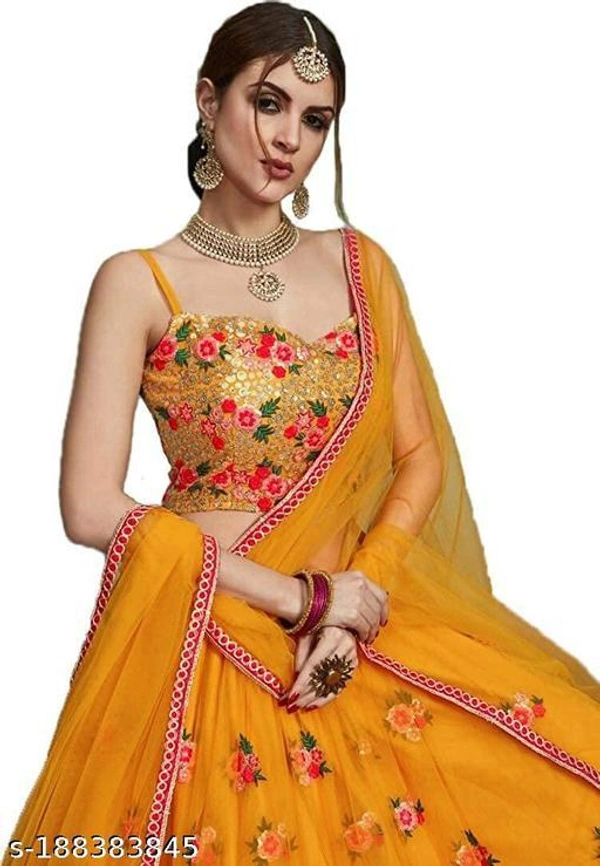 Embroidered Semi Stitched Yellow Lehenga  - Semi Stitched