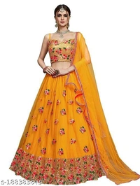 Embroidered Semi Stitched Yellow Lehenga  - Semi Stitched