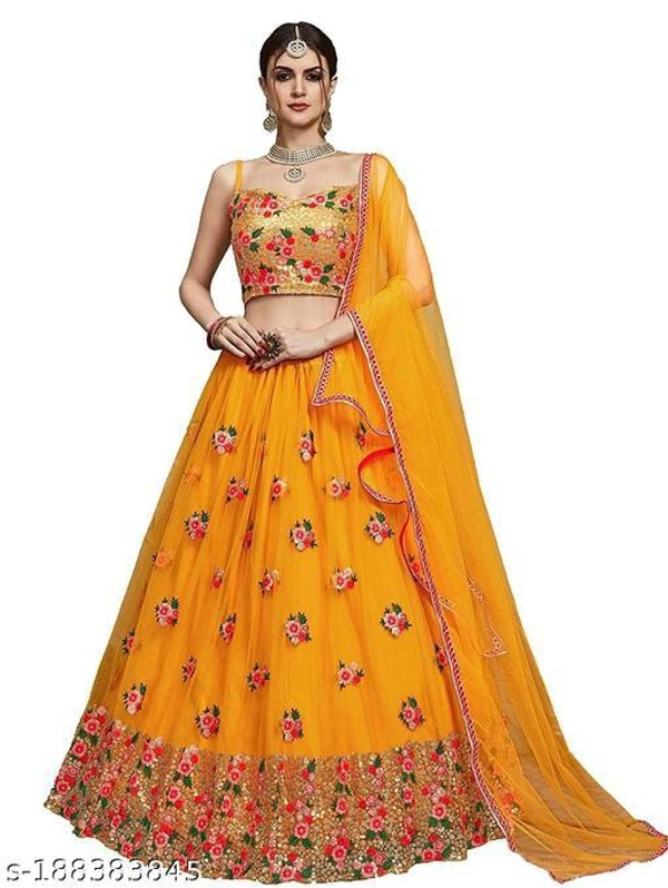 Embroidered Semi Stitched Yellow Lehenga  - Semi Stitched