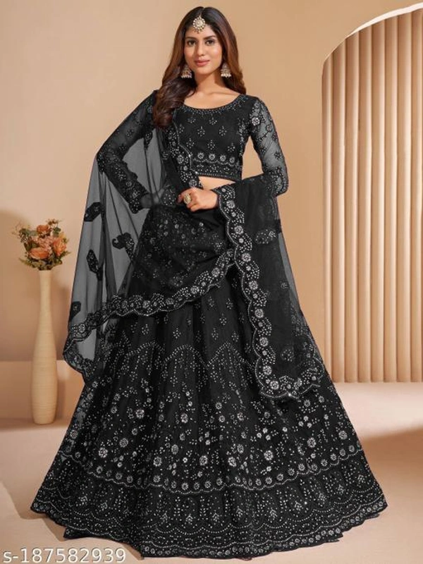 Black Colour Embroidery Prerit Lehenga - Semi-Stitched