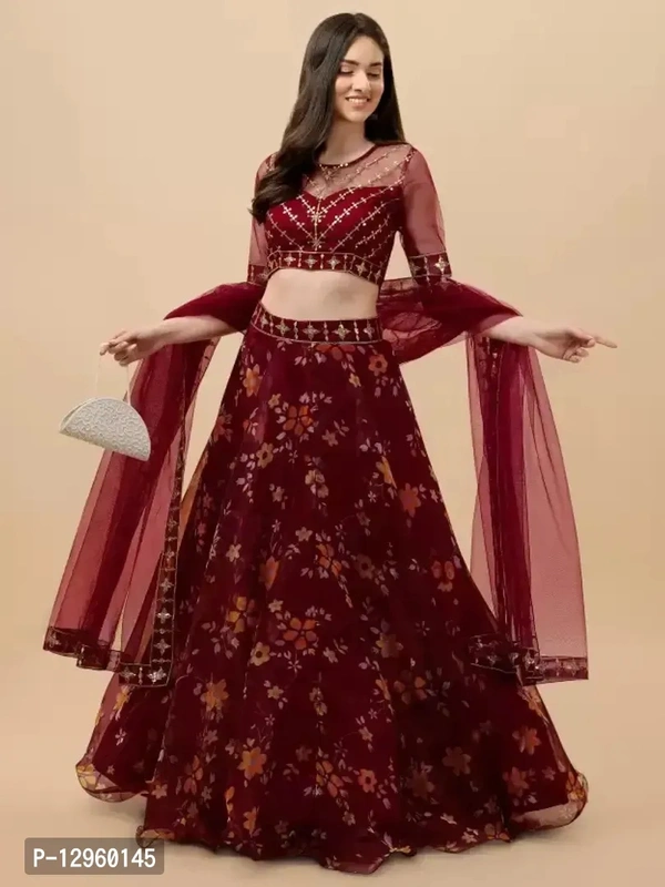 New Lehenga Choli Embroidery With Cloted Design - Semi Stitched