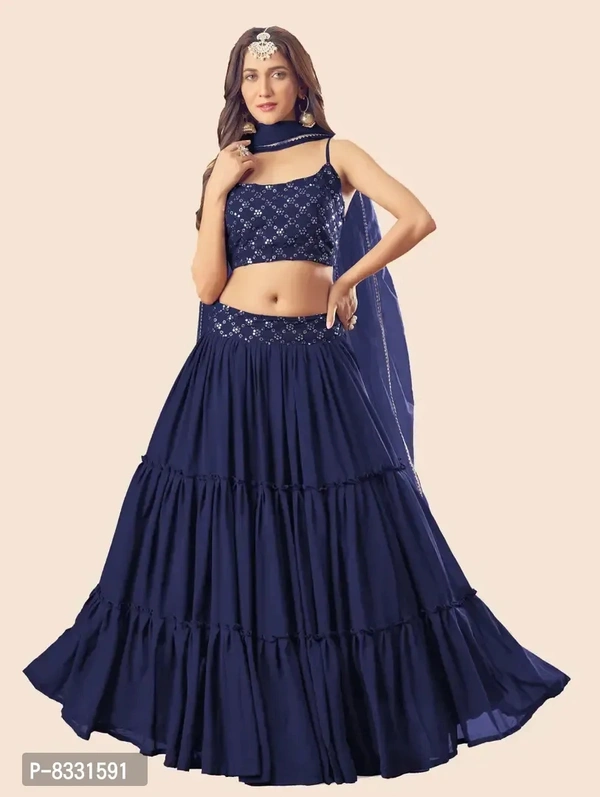 Stylish Navy Blue Georgette Lehenga with Choli And Dupatta Set For Women - Semi Stitched