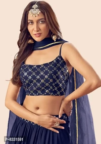 Stylish Navy Blue Georgette Lehenga with Choli And Dupatta Set For Women - Semi Stitched