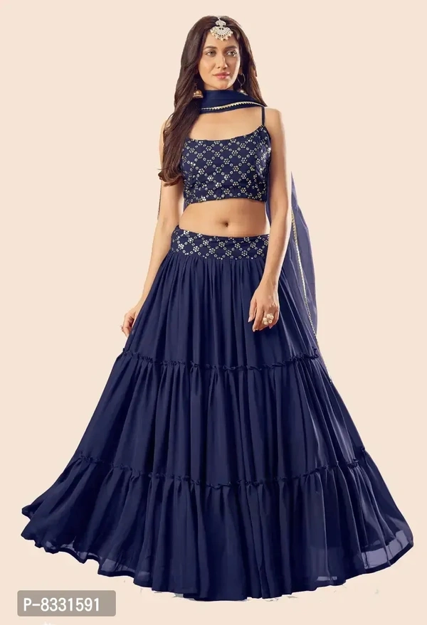 Stylish Navy Blue Georgette Lehenga with Choli And Dupatta Set For Women - Semi Stitched