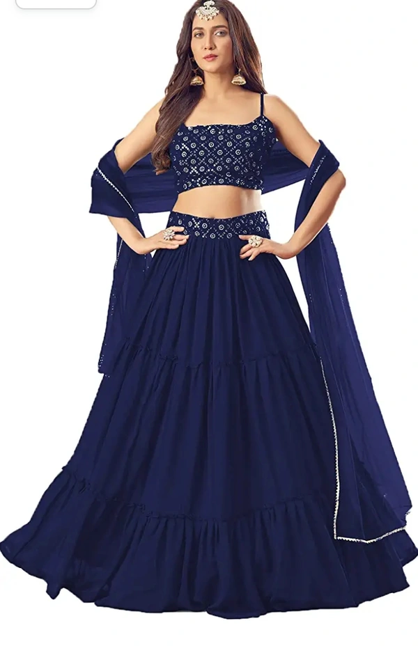 Stylish Navy Blue Georgette Lehenga with Choli And Dupatta Set For Women - Semi Stitched