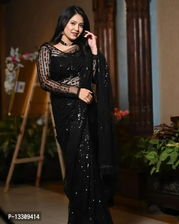 Nylon mono net Saree with 5 mm seqwance work and jalar  with Blouse Pcs - Free Size