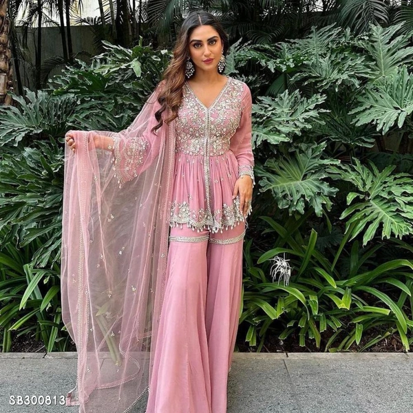 Catalog Name: *Top and sharara plazzo with dupatta*🧵*Fabric Detail*🧵👚* Top *👚*Top Fabric *     - Free Size