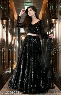 Black Sequence Fully Stitched Lehenga Choli  - Semi Stitched