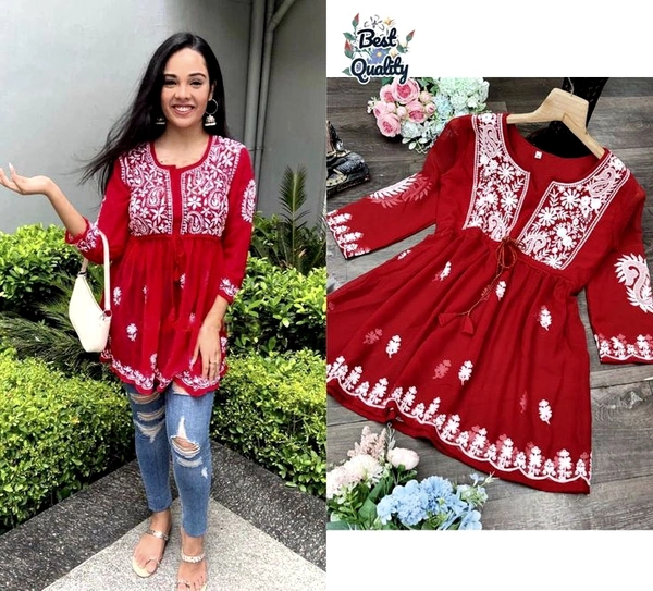 Classic Georgette Embroidered Tops for Women - XL, Guardsman Red