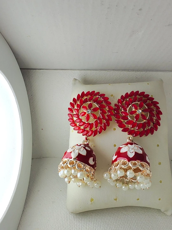 Cherry & Magpie Gorgeous Meenakari Red Jhumka - Red