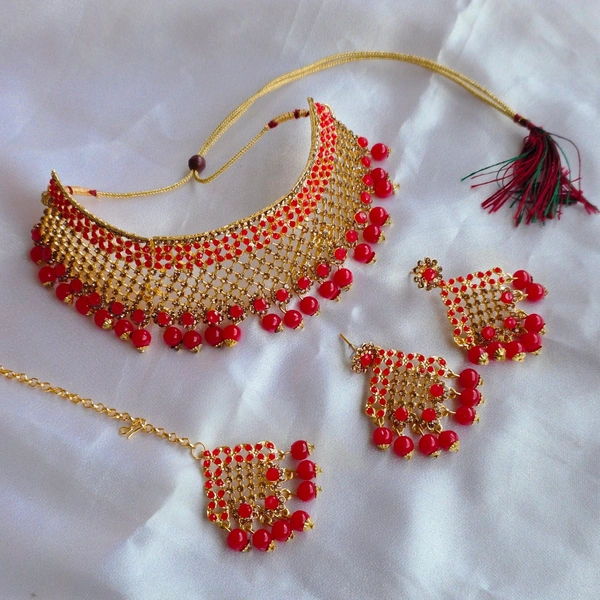 Cherry & Magpie Glamorous AD Necklace Set For The Wedding Season  - Red