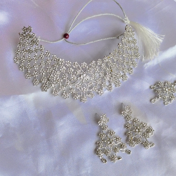 Cherry & Magpie Glamorous AD Necklace Set For The Wedding Season  - Silver