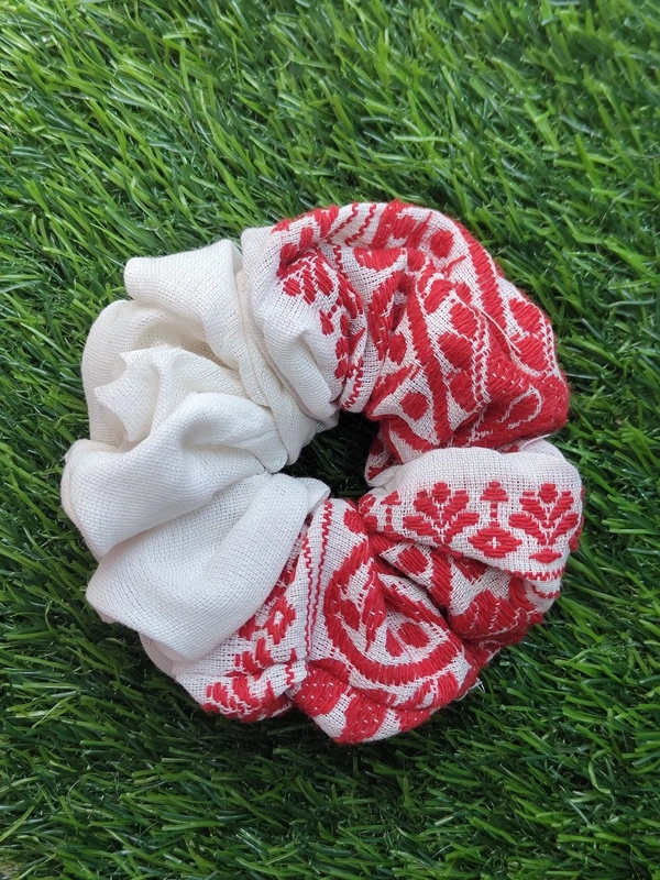 Cherry & Magpie Bihu Special Gamosa Styled Hair Scrunchies  - Red, XL