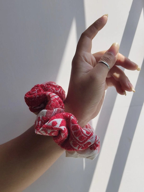Cherry & Magpie Bihu Special Gamosa Styled Hair Scrunchies  - Red, XL