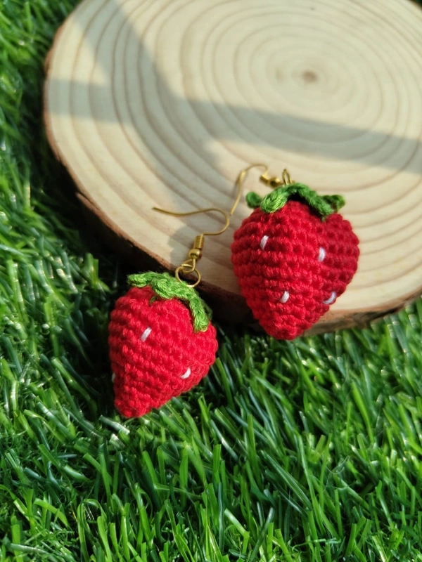Cherry & Magpie Beautiful Crochet Strawberry Earrings  - Red