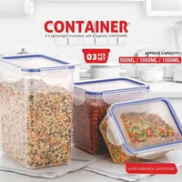 Rectangular Plastic Containers with Leak Proof Locking Lid Storage container set of 3 Pc( Approx Capacity 500ml,1000ml,1500ml, Transparent)