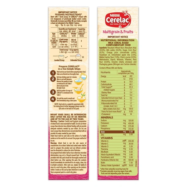 CERELAC Baby Cereal with Milk , Multigrain & Fruits , From 12 to 24 Months ,Stage 4, Source of Iron & Protein , 300g, Bag-In-Box Pack