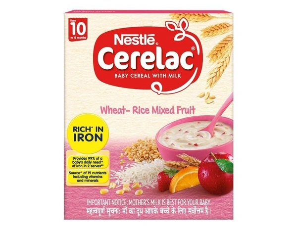 CERELAC Baby Cereal with Milk, Wheat - Rice Mixed Fruit, From 10 to 24 Months, Stage 3, Source of Iron & Protein ,Bag-In-Box Pack 300g