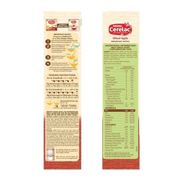 CERELAC Baby Cereal with Milk, Wheat Apple, Stage 1, From 6 to 24 Months , Source of Iron & Protein, Bag-In-Box Pack, 350g