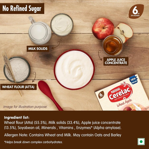 CERELAC Baby Cereal | No Refined Sugar | Wheat Apple for 6-24 months baby | Omega 3 Iron Protein Calcium for babies | Instant Infant Cereal | Travel Friendly | 350g