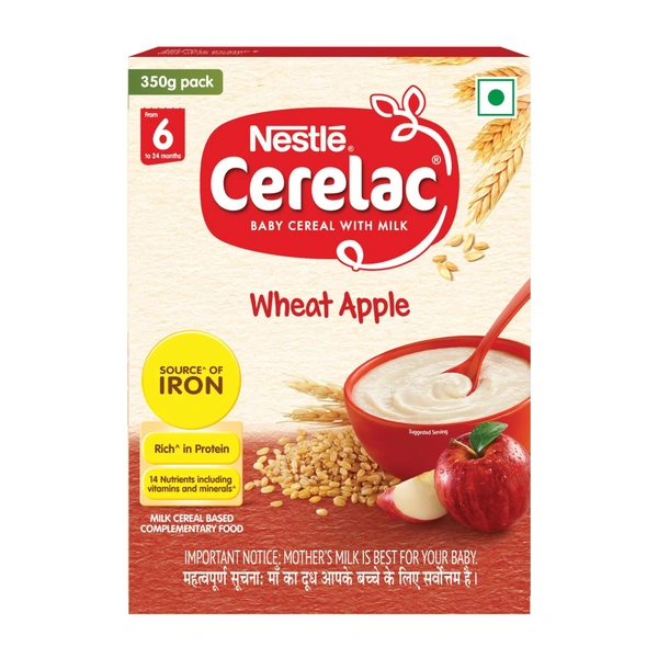 CERELAC Baby Cereal with Milk, Wheat Apple, Stage 1, From 6 to 24 Months , Source of Iron & Protein, Bag-In-Box Pack, 350g