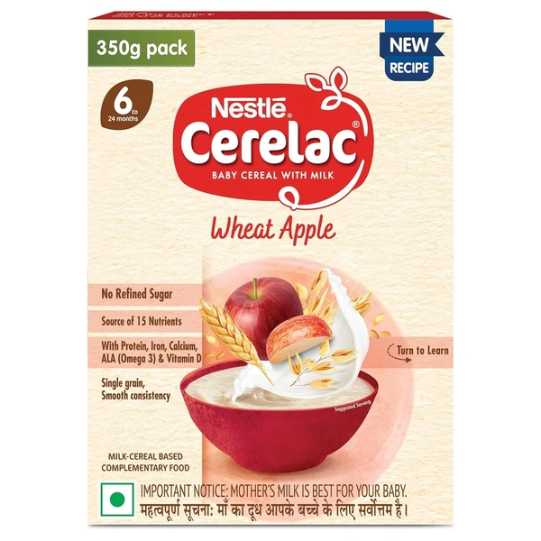 CERELAC Baby Cereal | No Refined Sugar | Wheat Apple for 6-24 months baby | Omega 3 Iron Protein Calcium for babies | Instant Infant Cereal | Travel Friendly | 350g