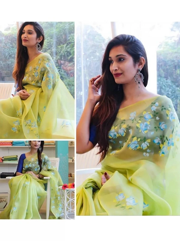 Pista green digital printed organza saree SareeFabric :- Khadi OrganzaWork :- Digital PrintLength :- 5.5 mtr BlouseFabric :- Banglori silk Work :- PlainLength :- 0.80 mtr ( unstitched ) - Pista Green 