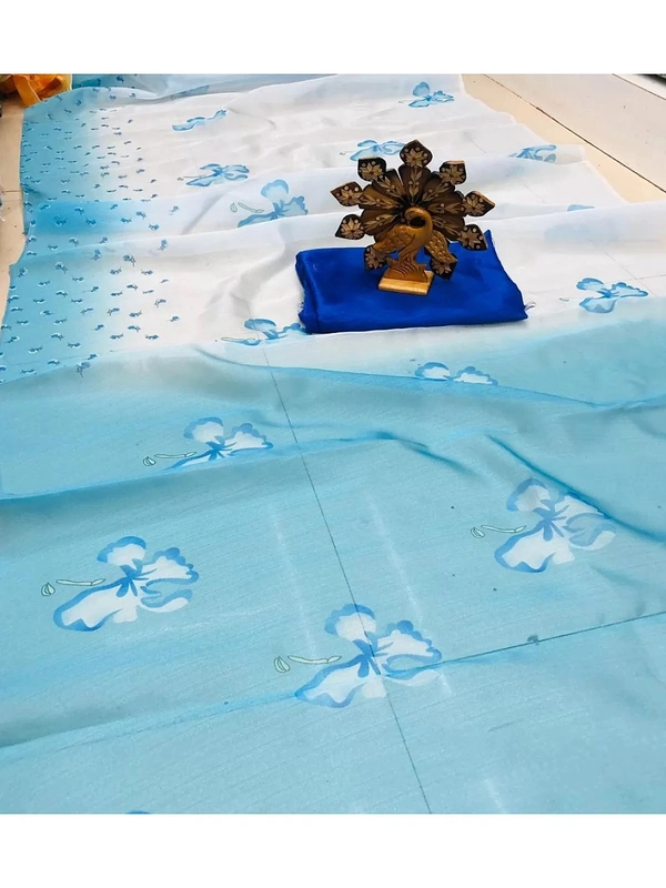 Sky blue digital printed khadi organza saree ! SareeFabric :- Organza Work :- Digital Print Length :- 5.5 mtr BlouseFabric :- Banglori silk Work :- PlainLength :- 0.80 mtr ( unstitched ) - Sky blue