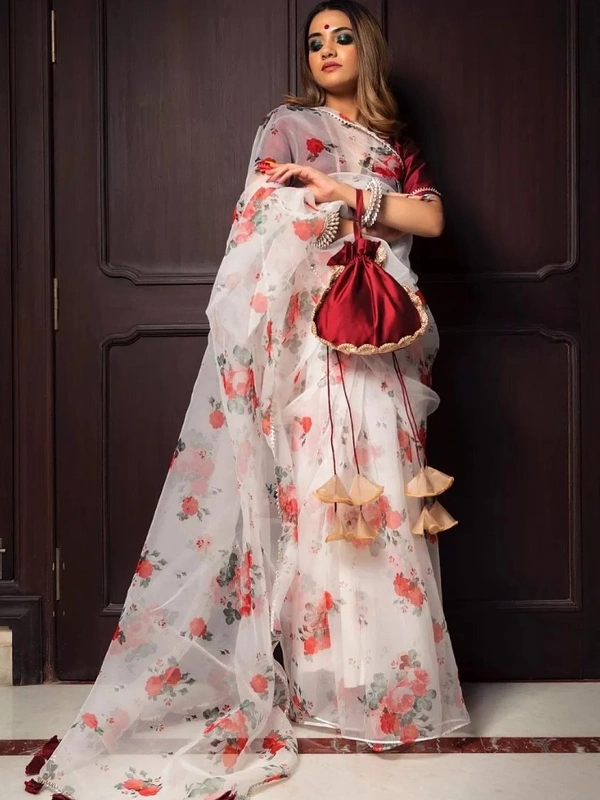 White Organza Digital Print Saree Saree Fabric- Organza   Saree length 5.5 mtr   Blouse Fabric- Banglori Silk  Blouse length 0.8 mtr ( Unstitched )  - White 