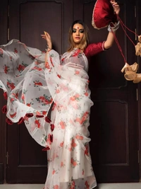 White Organza Digital Print Saree Saree Fabric- Organza   Saree length 5.5 mtr   Blouse Fabric- Banglori Silk  Blouse length 0.8 mtr ( Unstitched )  - White 